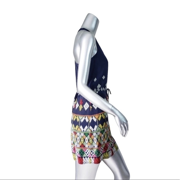 Cynthia Vincent Navy Blue Geometric Print Drawstring Waist Tank Dress Small Boho - Picture 5 of 7